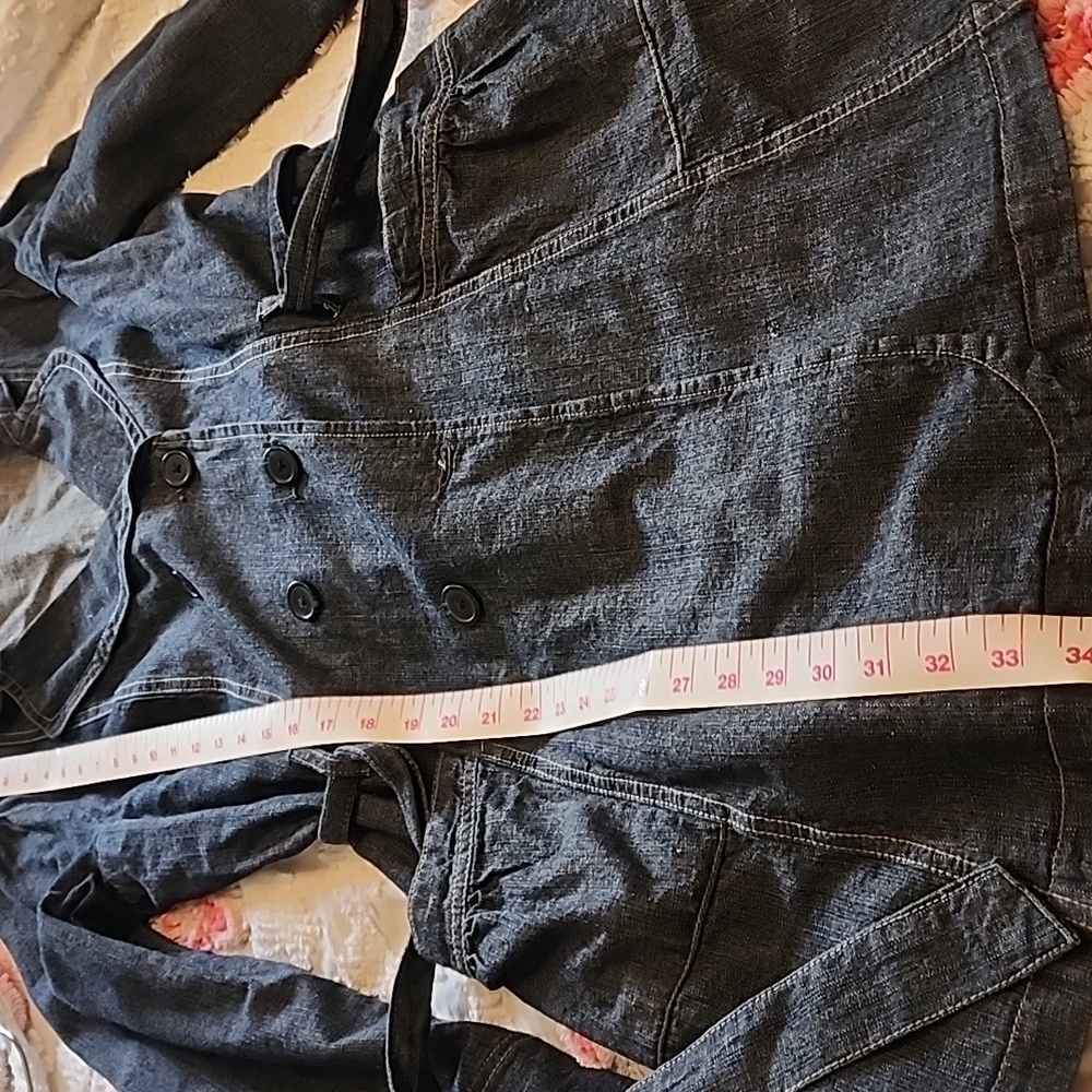 French Cuff Blue Demin Jeans Cotton Belt Pocket Trench Coat Jacket Women's Sz L - Picture 9 of 9